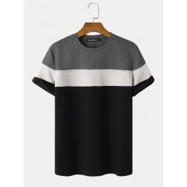 Mens Veins Patchwork Plain Color Crew Neck T-Shirt..