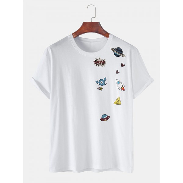 Cotton Funny Cartoon Rocket Print Loose Round Neck Short Sleeve T-Shirts 