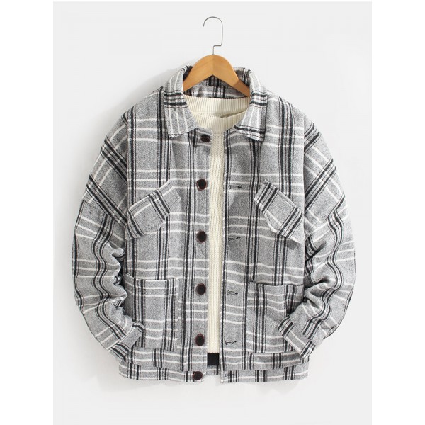 Mens Plaid Button Up Warm Long Sleeve Pocket Woolen Jacket 