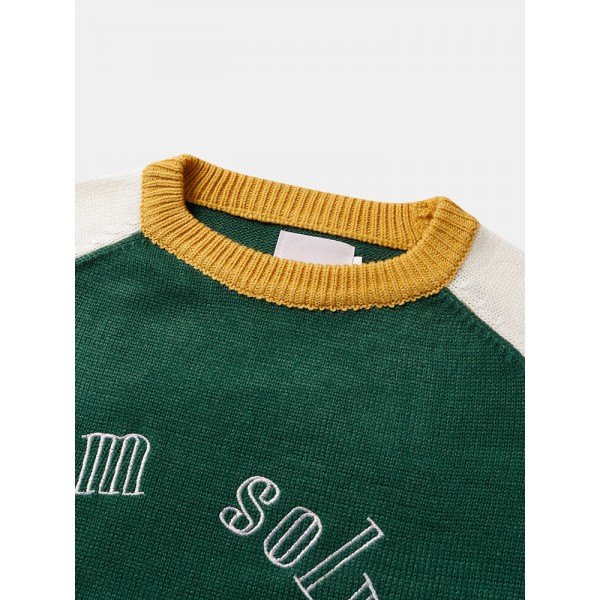Mens Color Block Letter Embroidery Crew Neck Knitted Pullover Sweaters 
