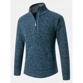 Mens Thick Solid Color Half Zipper Long Sleeve Kni..