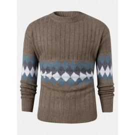 Mens Vintage Argyle Pattern Rib-Knit Cotton Long S..