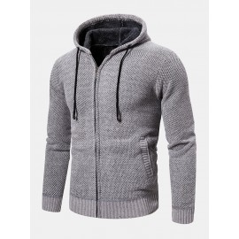 Mens Knitted Zipper Front Solid Color Warm Long Sleeve Hooded Sweater Hoodie Jacket